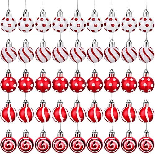 50 Pcs Christmas Balls Ornaments Mini Hanging Christmas Tree Decorations Red and White Christmas Balls Xmas Decorative Ornaments with Hanging Loop for Holiday Wedding Party, 1.18 Inches
