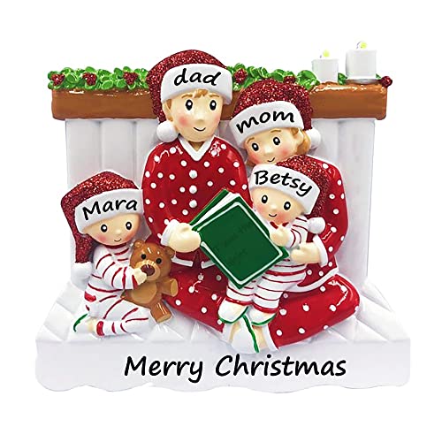Christmas Ornament, 2022 Personalized Family Ornament, DIY Free Customization Name Reading in Bed Pajama Family Decorations Christmas Tree Hanging Pendant Customized Gift for 2022 (Family of 4)