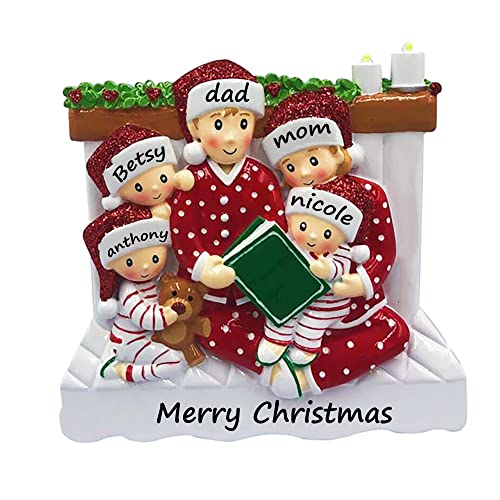 Christmas Ornament, 2022 Personalized Family Ornament, DIY Free Customization Name Reading in Bed Pajama Family Decorations Christmas Tree Hanging Pendant Customized Gift for 2022 (Family of 5)