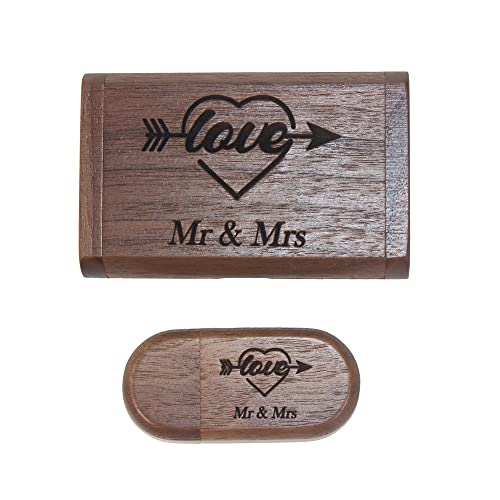 64GB Wedding USB Flash Drive with Laser Engraved Design Love Arrow Mr Mrs, Engraving Wood Gift Box USB 3.0 Oval Memory Stick Photography USB Drive for Bride, Groom – Walnut