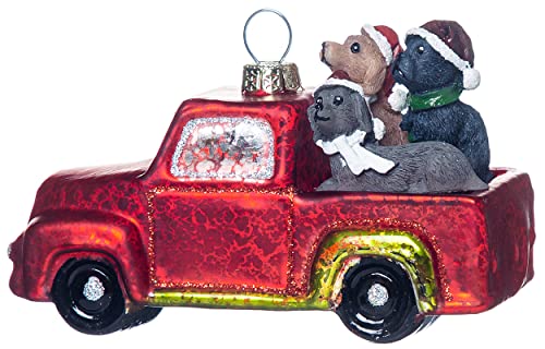 Vintage Red Truck with Dogs Glass Blown Christmas Ornament for Christmas Tree Decorations