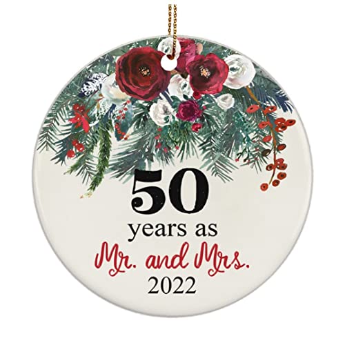 PAW8888 50 Years As Mr. and Mrs. Together Bouquet Ornament Christmas 2022 Keepsake Tree Decoration Accessories, Anniversary 50 Years Marriage, Gift for Parent, Mom, Dad, Ceramic Ornament – Round