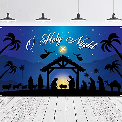 Christmas Nativity Banner Barn Manger Birth of Christ Jesus Photography Backdrop Blue Large O Holy Night Background for Church Decor Religion Xmas Party Hanging Photo Studio Props, 75 x 45 Inch