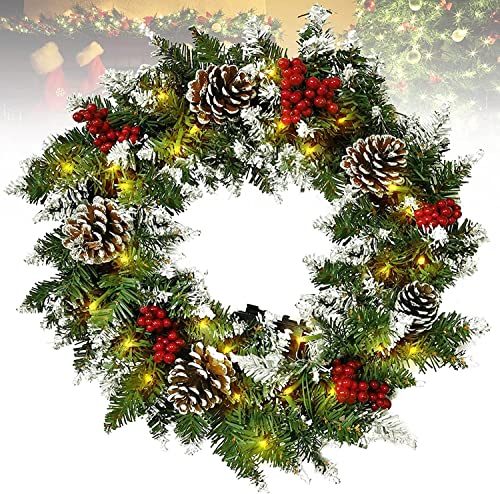 Christmas Wreath for Front Door, 18 Inch Pre-lit Christmas Winter Home Adornment Wreath with 50 Lights and Mixed Decorations for Front Door Indoor Window Wall Décor (Battery Not Included)