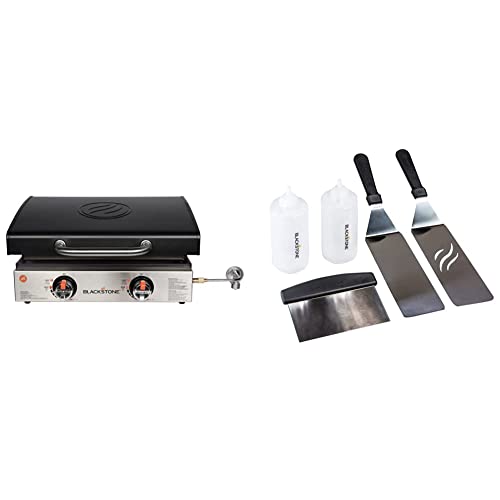 Blackstone 1813 Stainless Steel Propane Gas Hood Portable, Flat Griddle Grill Station, 12,000 BTUs, 22 Inch, Black & 1542 Flat top Griddle Professional Grade Accessory Tool Kit (5 Pieces) 16 oz Bottle