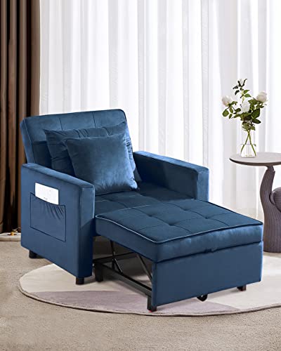 XSPRACER Convertible Chair Bed, Sleeper Chair Bed 3 in 1, Adjustable Recliner,Armchair, Sofa, Bed, Flannel, Dark Blue, Single One
