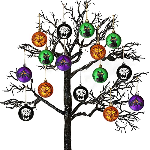 12PCS Halloween Ball Tree Hanging Ornaments Ghost Face Black Cat Bat Ball Ornaments Shaterproof Ball Pendant Baubles for Holiday Halloween Tree Hanging Decorations,2.4inch