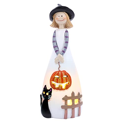 Adorable Friendly Halloween Witch Firgures Candle Holder, W/ Flickering Led Candle, Classic Witches Hats, Black Cat, Pumpkin for Fall Decor Party Holiday Decoration Home Accent Collectibles