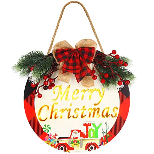 SULOLI Merry Christmas Decorations Wreath, Christmas Hanging Sign Wooden Battery Operated Xmas Sign Christmas Decor for Front Door Home Porch Window Wall Outdoor Indoor