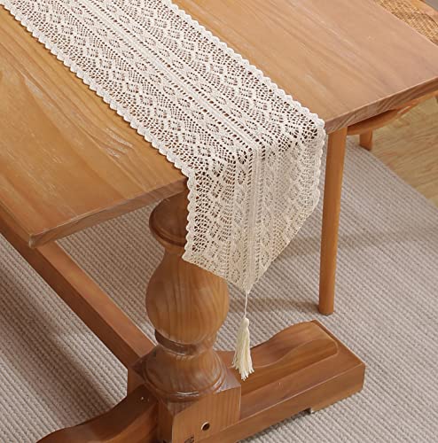 Gemseek 72 Inch Beige Boho Table Runner, Elegant Farmhouse Bohemian Crochet Macrame Table Runner for Wedding Party Coffee Dining Table Decor