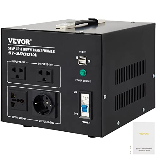 VEVOR Voltage Converter Transformer,3000W Heavy Duty Step Up/Down Transformer Converter(240V to 110V, 110V to 240V),2 US&1 UK&1 Universal Outlet with Circuit Break Protection,5V USB Port,CE Certified