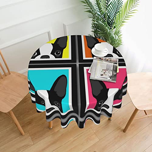 Colorful French Bulldog Round Tablecloth, Washable Polyethylene Round Tablecloth Buffet Table, Party, Holiday Dinner Decorative Tablecloth – 60