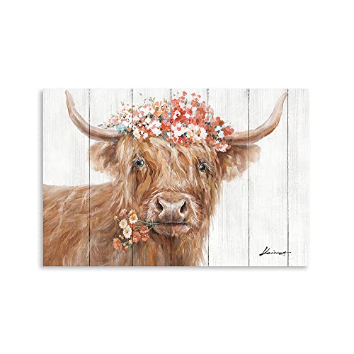 Yidepot Highland Cow Decor for Farmhouse: Retro Scottish Calf pictures hold Flowers Inspirational Quote Canvas Wall Art for boy’s bedroom Kitchen Framed Ready to Hang Size 16″x24″