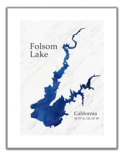 Folsom Lake CA Wall Art Print. 11×14 UNFRAMED Giclee Watercolor Aesthetic Minimalist Decor with State & Map Coordinates. Navy, Blue, Gray & White. California Lake-Themed Gift.