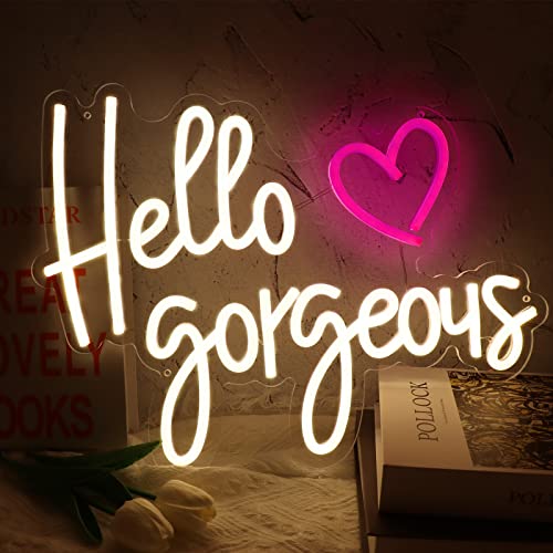 NEONLG Dimmable Hello Gorgeous Neon Signs, 17.3″x13″ Cute LED Neon Light Wall Decor for Bachelorette Besties Party Bathroom Dressing Room, Reusable Light Up Sign with Power Adapter, Warm White