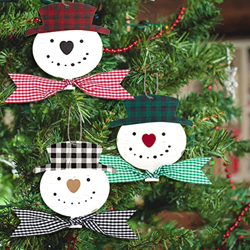 Wooden Snowman Christmas Hanging Ornament Rustic Snowmen Ornament with Buffalo Plaid Bows Snowmen Shaped Christmas Tree Hanging Pendants for DIY Crafts Holiday Decoration (Lovely Style, 12 Pieces)