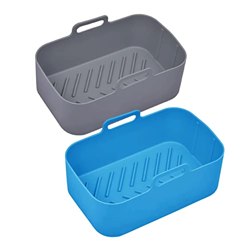 2PCS Air Fryer Silicone Pot – Air Fryer Silicone Liners for 8QT Ninja Foodi DZ201 DZ401, Reusable Air Fryer Silicone Basket Baking Tray Pan, Easy Cleaning Air Fryers Oven Accessories(Grey+Blue)