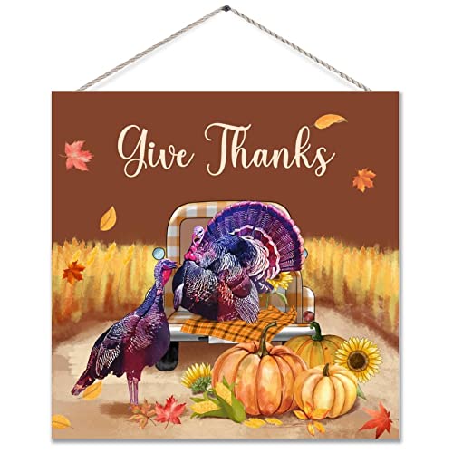 WengBeauty Give Thanks Wood Sign Thanksgiving Pumpkin Gnome Front Door Hanger Turkey Wooden Door Decor for Thanksgiving Party Fall Home Autumn Holiday Door Wall Decoration 8×8 Inch