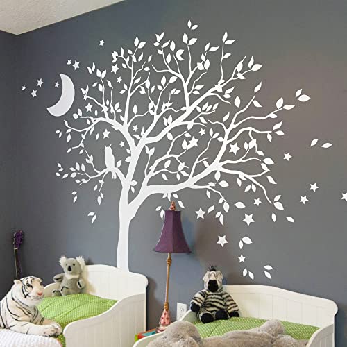 Studio Quee Large Tree Wall Decal Sticker with owl, Moon and Stars Nursery Mural Decoration 088 (Leaning Right, All White)