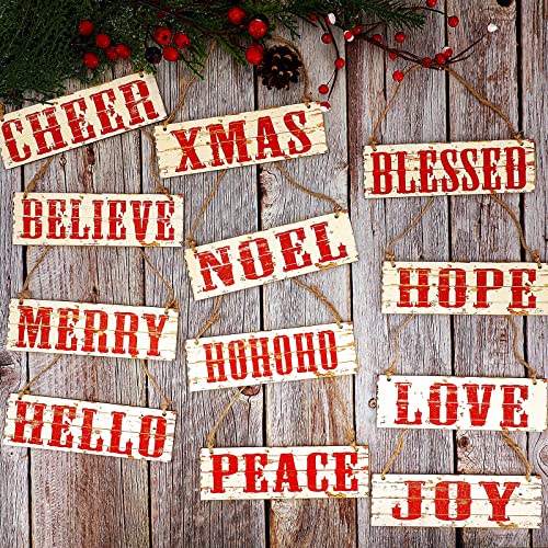 12 Pieces Christmas Wooden Decor Vintage Christmas Decor Rustic Wooden Wall Plaque Joy Peace Hohoho Hanging Ornament for Christmas Holiday Anniversary Birthday Party Home (White Base)