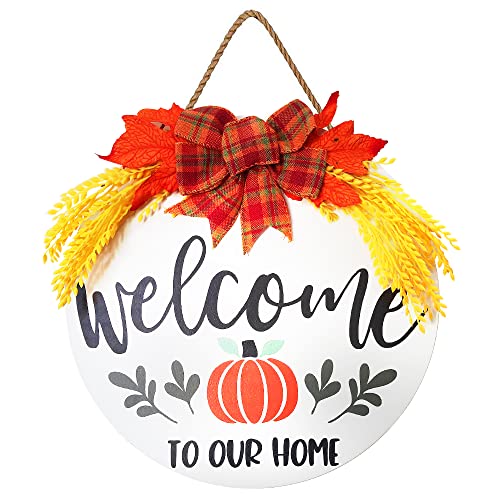Fall Wreaths for Front Door,Welcome Sign for Front Door with Fall Leaf and Paddy,Welcome Wooden Hanging Door Sign for Porch Farmhouse,Autumn Thanksgiving Harvest Decor for Indoor Outdoor Clearance