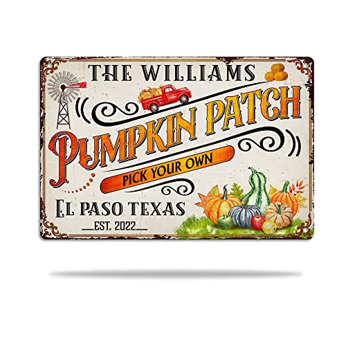 MUCHNEE Personalized Pumpkin Patch Printed Metal Sign for Harvest Thanksgiving Day – Pick Your Own Plaque Wall Décor for Home Farmhouse Kitchen Garden – Gift for Family & Friend on Autumn Fall Holiday