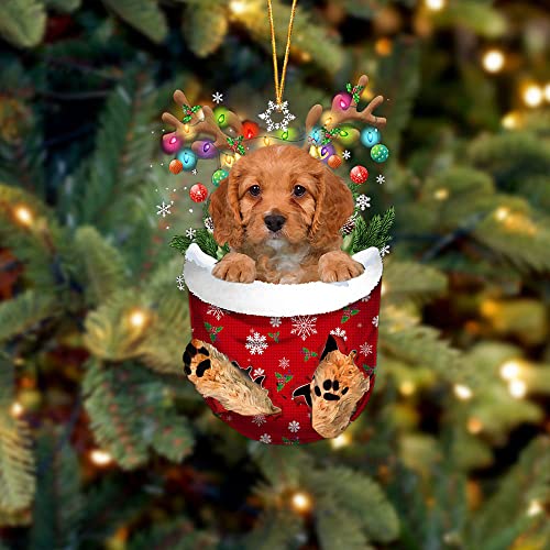 Cavapoo in Snow Pocket Christmas Ornament, Cavapoo Reindeer in Christmas Pocket Hanging Ornament Tree Decor, for Dog Lovers, 2-Sided 2D Ornament Car Accessories Home Decor