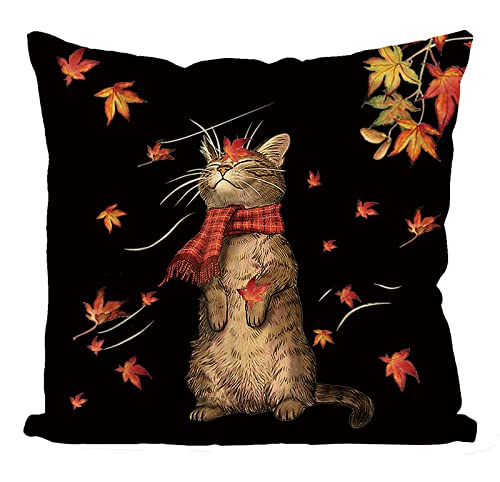 Fall Pillow Covers 18×18 Inch Maple Leaf Cat Pillow Covers Autumn Thanksgiving Farmhouse Outdoor Throw Pillowcase Cotton Linen Sofa Couch Cushion Case for Fall Decor