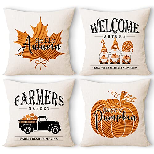 Ywlake Fall Throw Pillow Covers 18×18 Set of 4, Decorative Seasonal Holiday Autumn Pumpkin Gnome Farmhouse Harvest 18 x 18 Cushion Pillow Cases for Indoor Home House Bedroom Couch Decor
