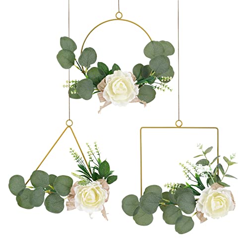 Sunvissh Eucalyptus Hoop Wreath 3Pcs Hanging Set with Artificial Flower, Succulent Brass Metal Ring, Peony Flowers Garland for Wall, Wedding Decor, Nursery, Baby Shower, Farmhouse Fence Decoration