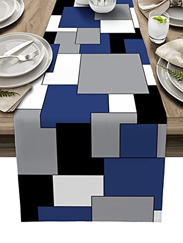 Color Block Table Runner 13x70inch Long, Anti-Slip Cotton Linen Table Runenrs, Rectangle Tabletop Decoration for Kitchen Holiday Party Home Decor Abstract Geometric Navy Blue Black Gray Patchwork
