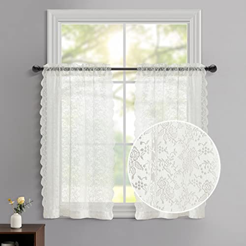 FINECITY Lace Tier Curtains 36 Inch Length – Vintage Rose Floral Farmhouse Lace Kitchen Curtains, Short Lace Cafe Curtains for Small Windows, Scalloped Lace Curtains, W25 x L36 Inch, 2 Panels, Ivory