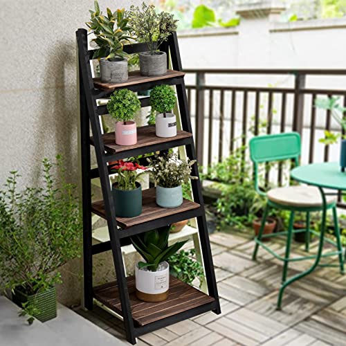 ECOMEX Foldable Ladder Shelf, Plant Stand, Indoor Plant Stand, Ladder Bookshelf, Wood Rustic Ladder Shelf for Patio Home Living Room(Black+Brown)