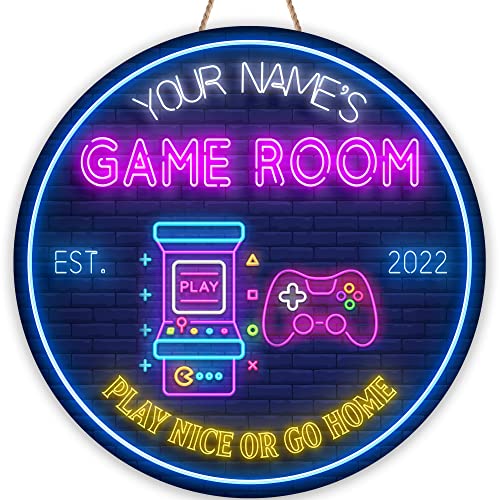 Artsy Woodsy Custom Game Room Gaming Zone Poker Arcade Dart Lounge Billiards Room Man Cave Bar Pub Printed Wood Sign For Men 12″ 18″ (Not Real Neon Sign), Gifts For Him, Gamers, Video Game Lovers (01)