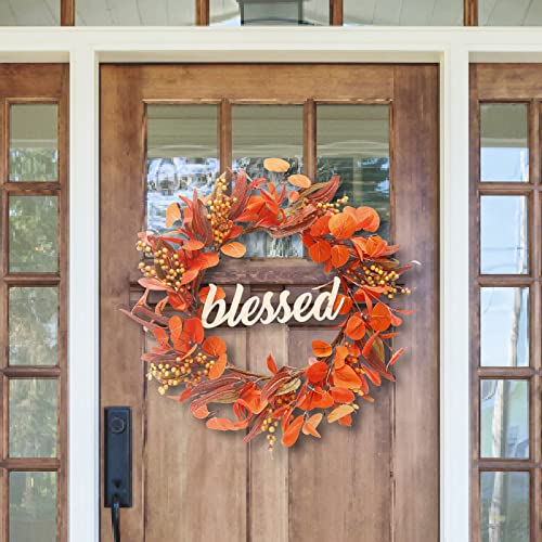 SY Super Bang Fall Wreath with Blessed Sign, 17Inch Autumn Eucalyptus Wreaths Decorations for Front Door, for Home Wall Porch Farmhouse Harvest Thanksgiving Decor.