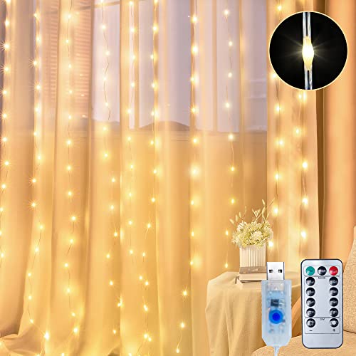 Hopolon 300LED Curtain String Lights,9.8ftx9.8ft 8 Modes 4.5v with Remote&Timer USB Operated,Christmas, Backdrop for Indoor Outdoor Bedroom Window Wedding Party Decoration(Warm White)