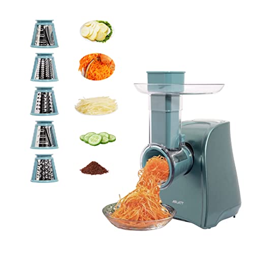 Electric Cheese Grater, Cheese Grater Electric, Press Control Electric Grater Machine for Vegetable, Fruits, Potato, Electric Cheese Shredder, Salad Maker with 5 Free Attachments, Green, ASLATT