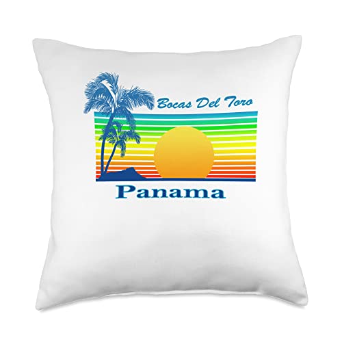 Bocas Del Toro Retro Summer Vacation Beach Bocas Del Toro Retro Tropical Beach Sunset Throw Pillow, 18×18, Multicolor