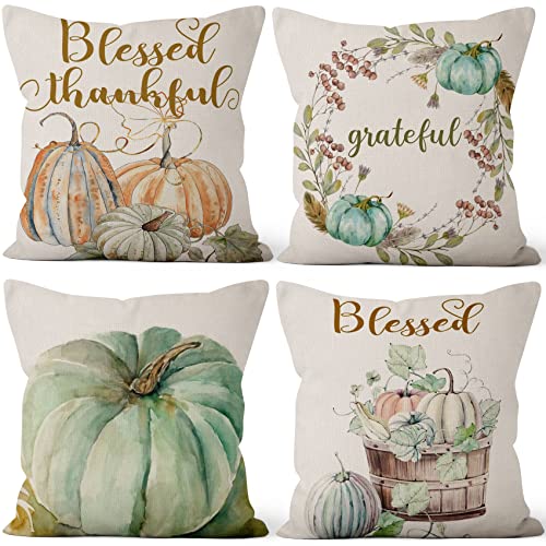 Fall Pumpkin Decoration Pillow Covers 18×18 Set of 4 Autumn Blessed Thanksgiving Throw Pillow Cover Decorative Pillowcases Couch Cushion Case for Living Room Bedroom Sofa Outdoor Home Decor