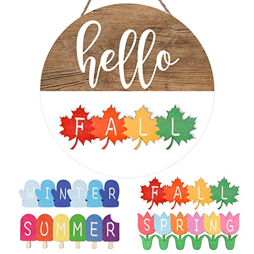 Whaline Interchangeable Seasonal Welcome Sign Hello Spring Summer Fall Winter Wooden Hanging Sign Four Seasons Door Hanger Rustic Farmhouse Wood Wreath with Changeable Icons for Home Decoration