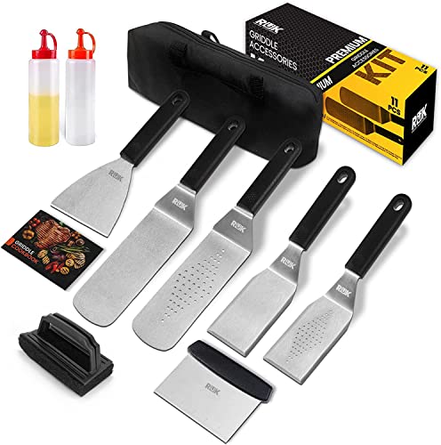 RüK Griddle Accessories Kit, 11 Pcs Anti-Scalding Long Handle Flat Top Griddle Accessories Set with Professional Metal Spatula, Griddle Scraper, Cleaning Kit, E-Cookbook for Blackstone and Camp Chef…