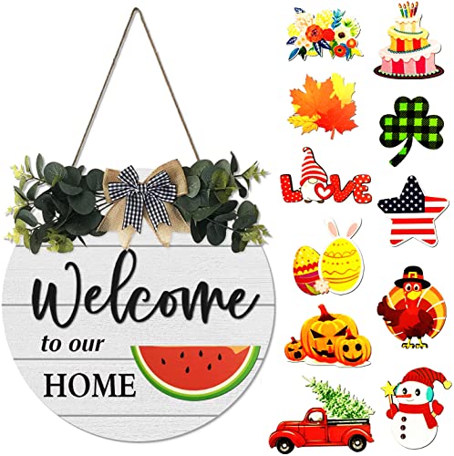 Large Interchangeable Seasonal Welcome Sign for Front Door Decor, 12pcs Rustic White Wood Welcome to Our Home Wall Sign, Farmhouse All Season Holiday Festive Porch Outdoor Welcome Decoration