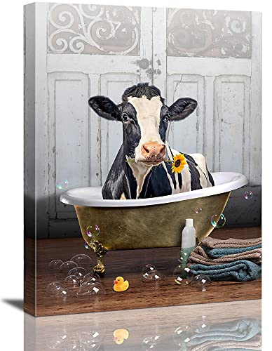 Bathroom Canvas Wall Art Cow and Sunflower In Bathtub Prints Poster Rustic Artwork Print Paintings Framed for Living Room Bedroom Wall Decor 12×16 inch