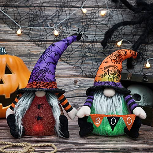 GMOEGEFT Halloween Gnomes Light up gnome Set of 2 Sitting Nisse Nordic Tomte with Witch Hat Lighted Home Party Decorations