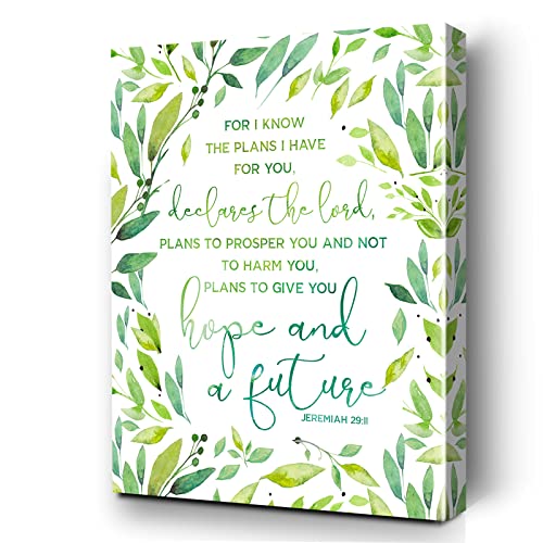 Christian Wall Art Inspiration Quotes Jeremiah 29:11 Watercolor Green Leaves Canvas Painting Prints for Home Office Wall Decor Framed Motivational Farmhouse Yoga Studio
