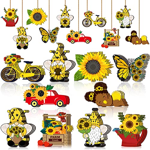 30 Pack Sunflower Gnome Wooden Ornament Yellow Flower Gnome Hanging Wooden Pendant Summer Tree Ornaments with Rope for Sunflower Theme Birthday Party Favor Supplies(Cute Style)