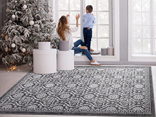 Antep Rugs Alfombras Non-Skid (Non-Slip) 8×10 Rubber Backing Floral Geometric Low Profile Pile Indoor Area Rugs (Gray / Black, 7’10” x 10′)