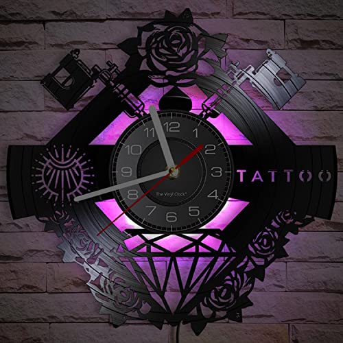 Timethink 12” Tattoo Studio Sign LED Vinyl Record Wall Clock with 7 Colors Changing, Tattoo Silent Hanging Night Light Wall Clock Watch for Tattoo Shop Decor Labor Day Tattoo Artist Hipster Men Gift