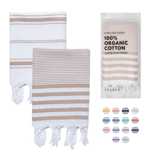FESHKA Turkish Hand Towels Set of 2 – 100% Organic Cotton, 18×32 Prewashed Super Absorbent Peshtemal Towel for Hand, Kitchen, Face, Hair, Gym, Dishcloth, Yoga, Tea, Farmhouse Boho Decor (Brown)