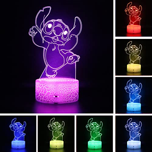 Cute Kawaii Stitch Lilo and Stitch Anime Character 3D Optical Illusion LED Room Decor Table Lamp with Remote 7 Colors Visual Sleep Night Light Birthday Xmas Gifts for Kids